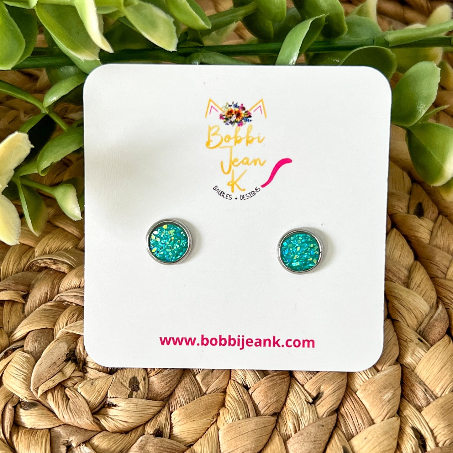 Aqua Frosted Sparkle Faux Druzy Studs 8mm: Choose Silver or Gold Settings - LOW STOCK