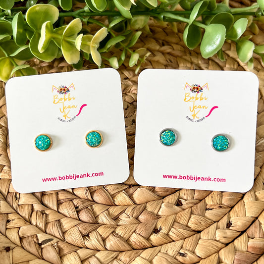 SALE: Aqua Frosted Sparkle Faux Druzy Studs 8mm: Choose Silver or Gold Settings - LOW STOCK