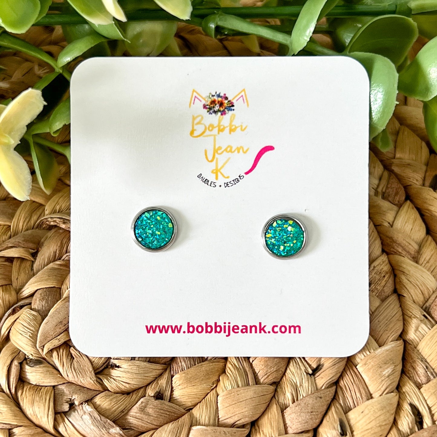 Aqua Faux Druzy Studs 8mm: Choose Silver or Gold Settings - LOW STOCK