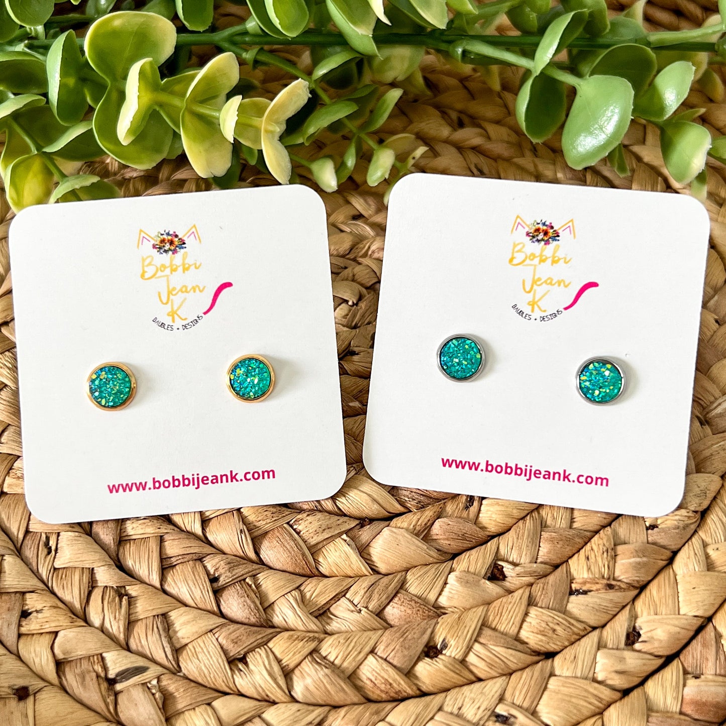 SALE: Aqua Faux Druzy Studs 8mm: Choose Silver or Gold Settings - LOW STOCK