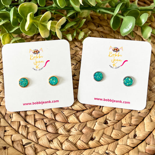 SALE: Aqua Faux Druzy Studs 8mm: Choose Silver or Gold Settings - LOW STOCK