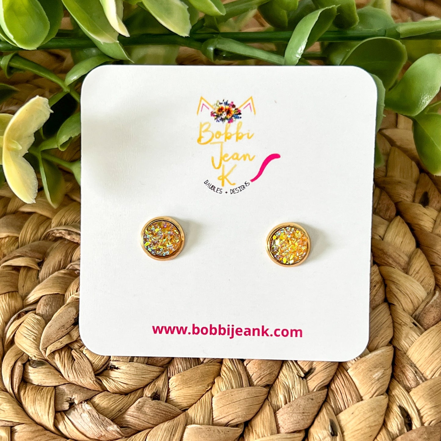 Yellowed Tangerine Faux Druzy Studs 8mm: Choose Silver or Gold Settings