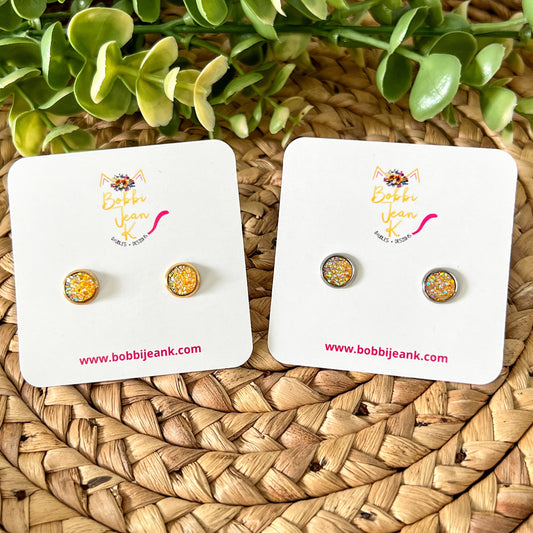 SALE: Yellowed Tangerine Faux Druzy Studs 8mm: Choose Silver or Gold Settings