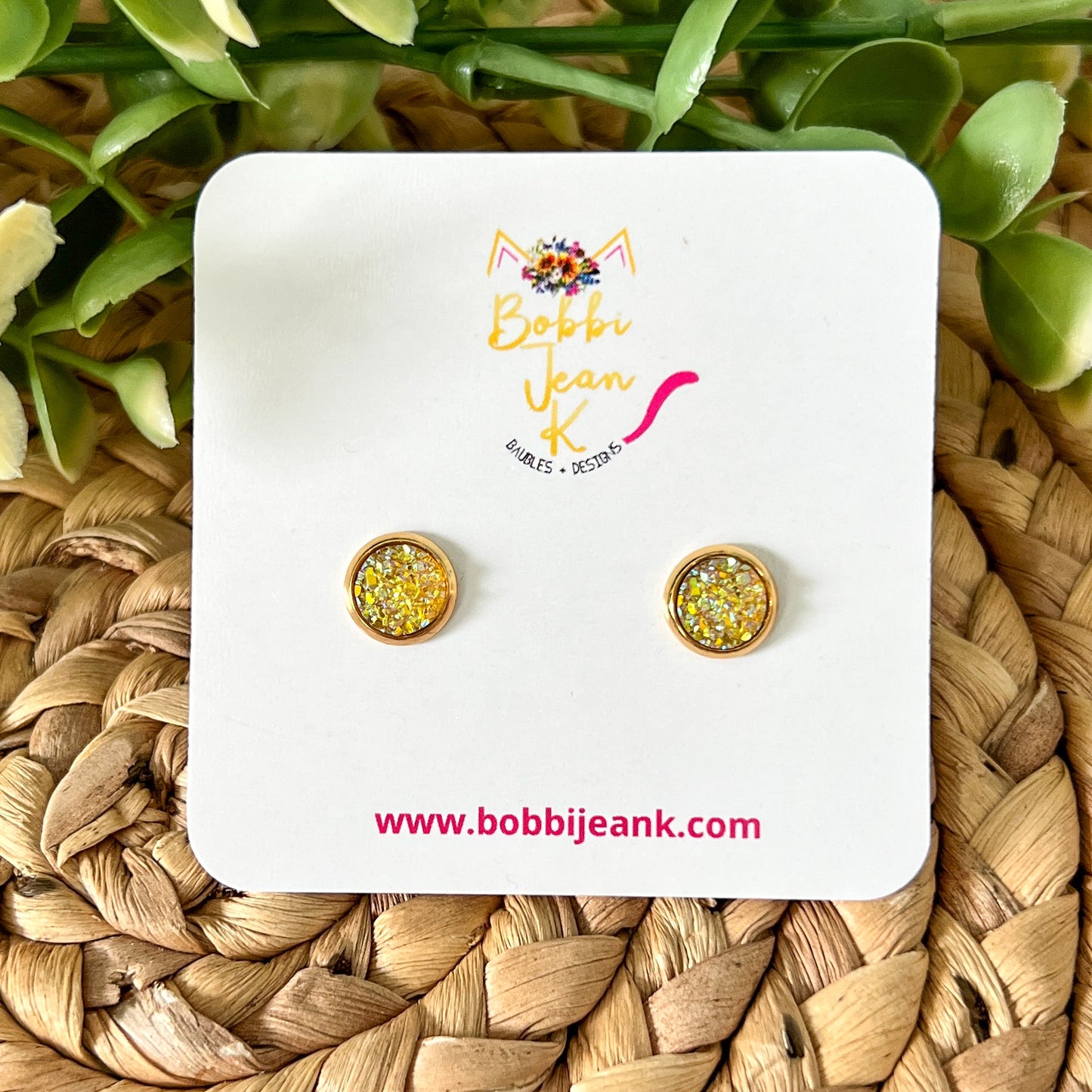 SALE: Yellow Faux Druzy Studs 8mm: Choose Silver or Gold Settings