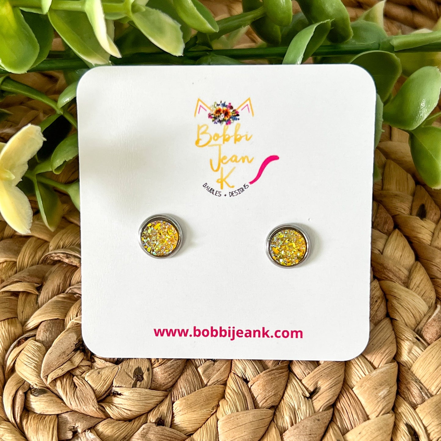SALE: Yellow Faux Druzy Studs 8mm: Choose Silver or Gold Settings