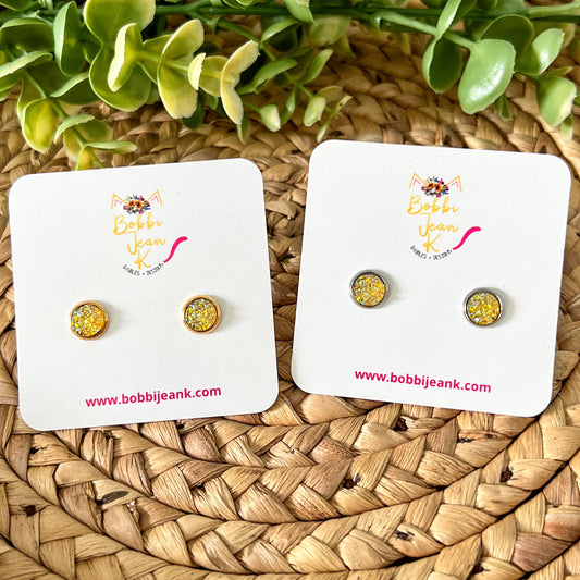 SALE: Yellow Faux Druzy Studs 8mm: Choose Silver or Gold Settings