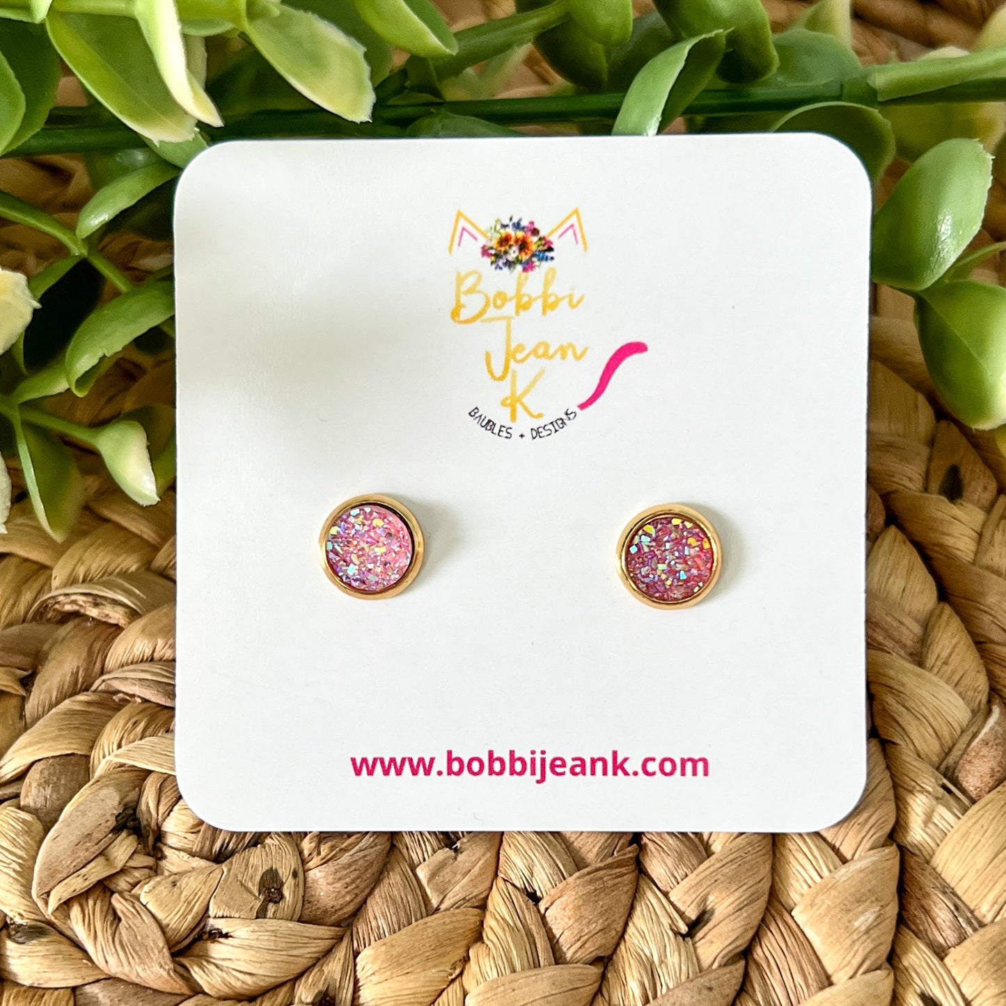 Pink Faux Druzy Studs 8mm: Choose Silver or Gold Settings - LOW STOCK