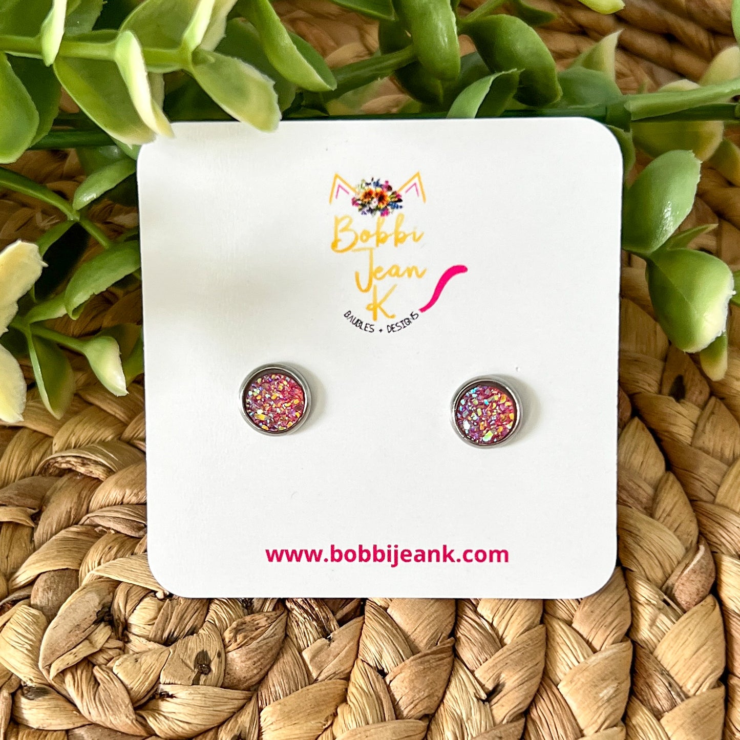 Pink Faux Druzy Studs 8mm: Choose Silver or Gold Settings - LOW STOCK