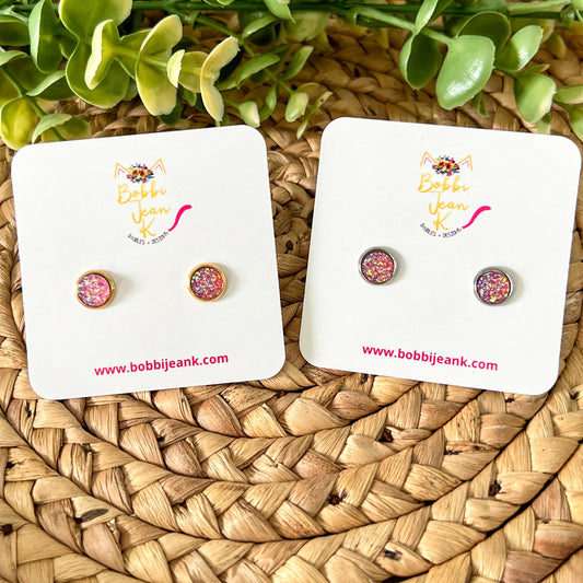 SALE: Pink Faux Druzy Studs 8mm: Choose Silver or Gold Settings - LOW STOCK