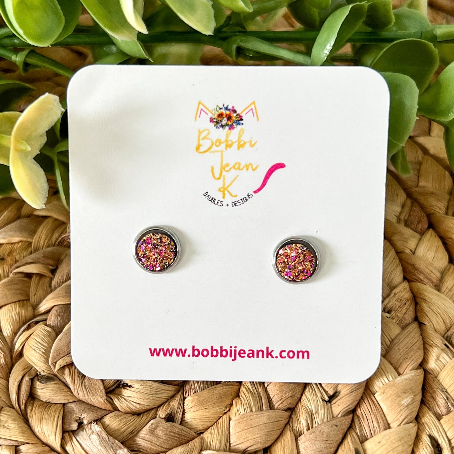 Bright Multi Faux Druzy Studs 8mm: Choose Silver or Gold Settings - LOW STOCK