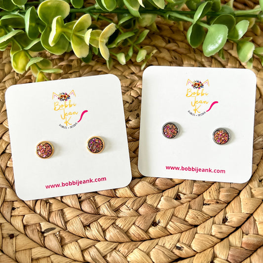 SALE: Bright Multi Faux Druzy Studs 8mm: Choose Silver or Gold Settings - ONLY 2 LEFT