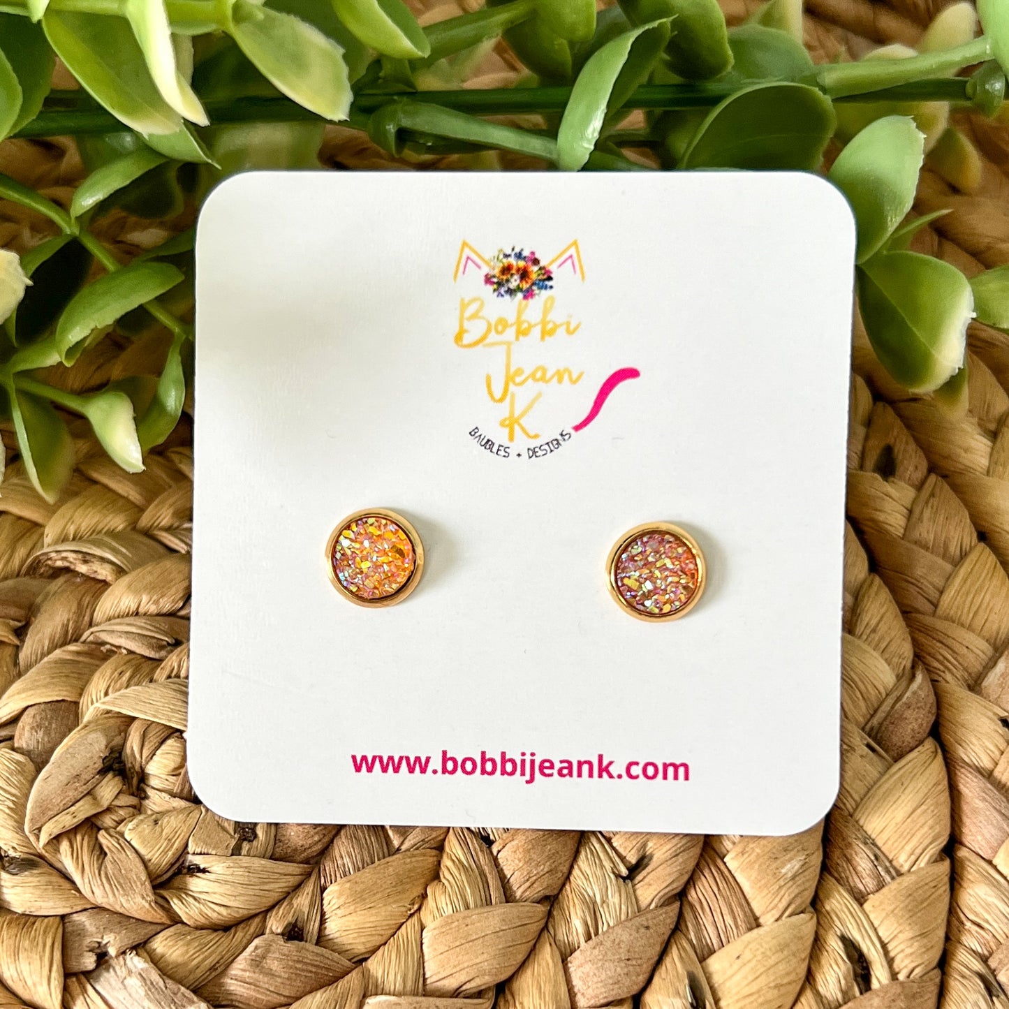Orange Faux Druzy Studs 8mm: Choose Silver or Gold Settings