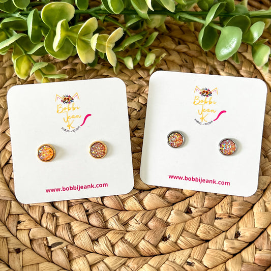 SALE: Orange Faux Druzy Studs 8mm: Choose Silver or Gold Settings
