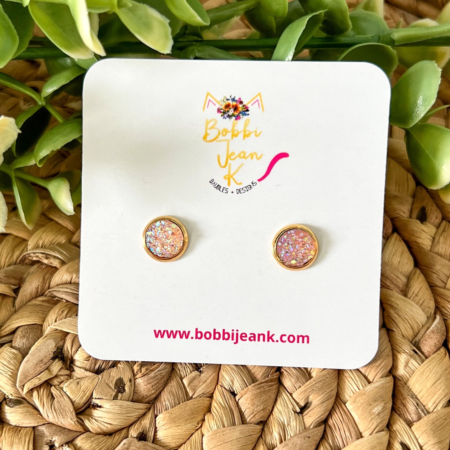 Peach Faux Druzy Studs 8mm: Choose Silver or Gold Settings - LOW STOCK