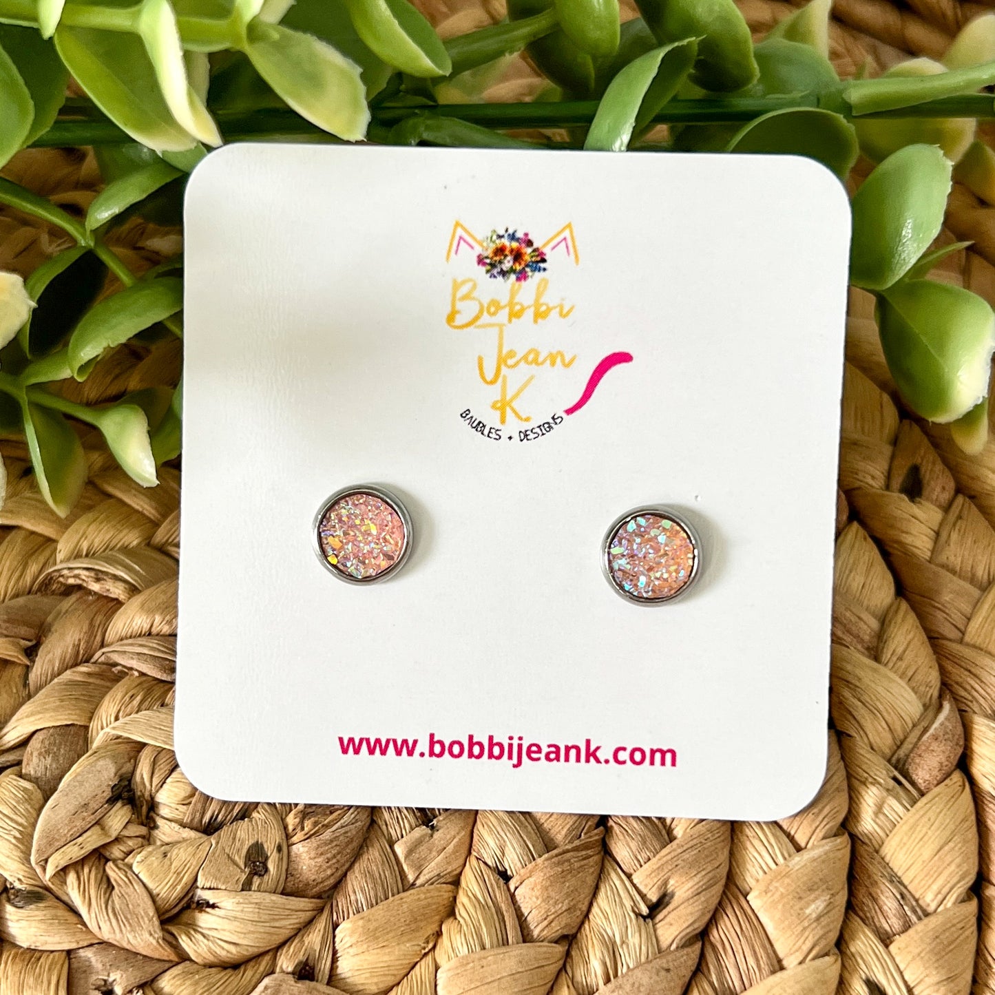 Peach Faux Druzy Studs 8mm: Choose Silver or Gold Settings - LOW STOCK