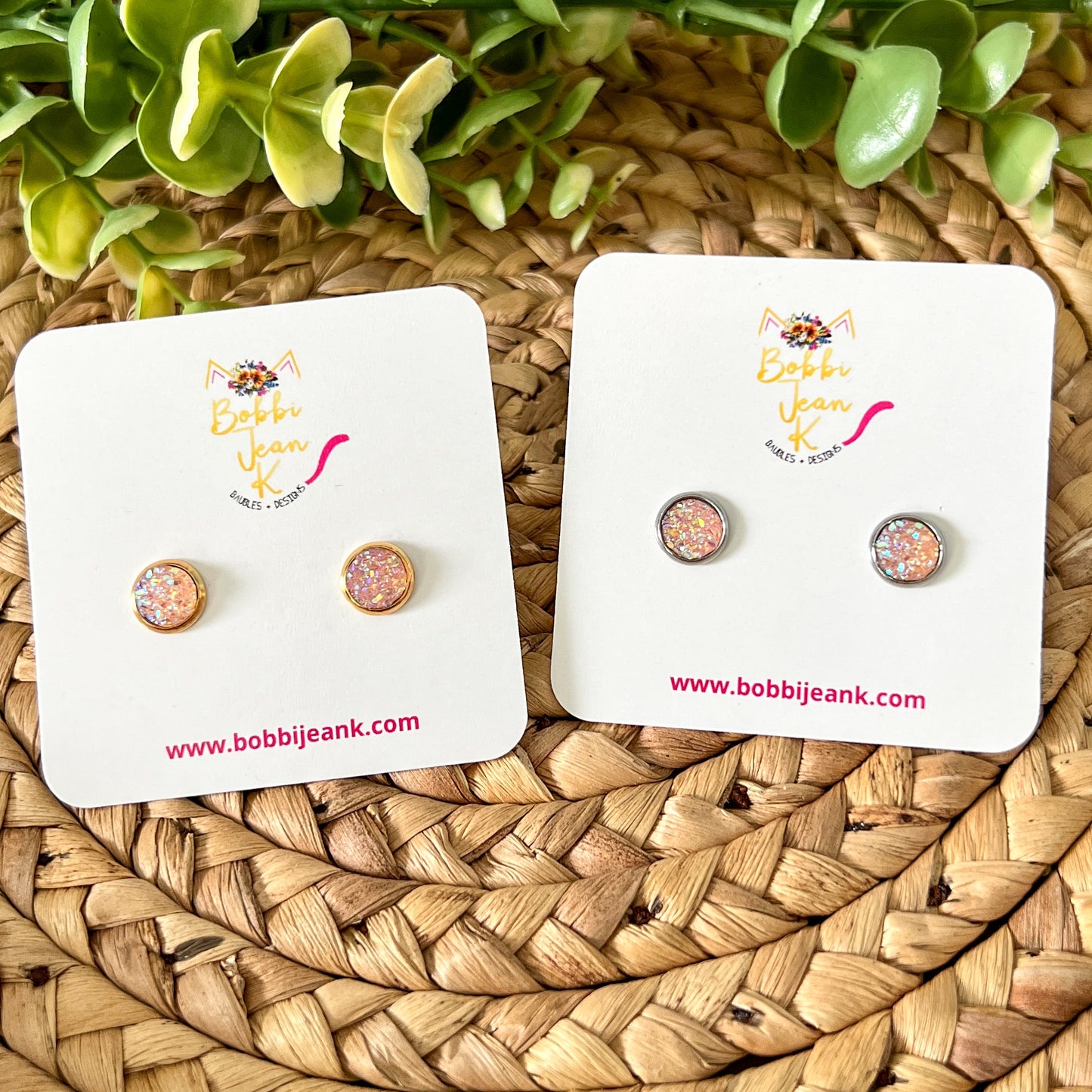 Peach Faux Druzy Studs 8mm: Choose Silver or Gold Settings - LOW STOCK