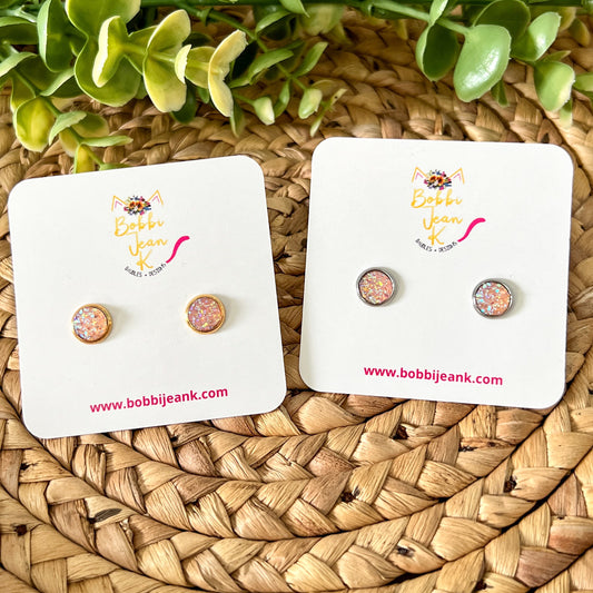 SALE: Peach Faux Druzy Studs 8mm: Choose Silver or Gold Settings - LOW STOCK