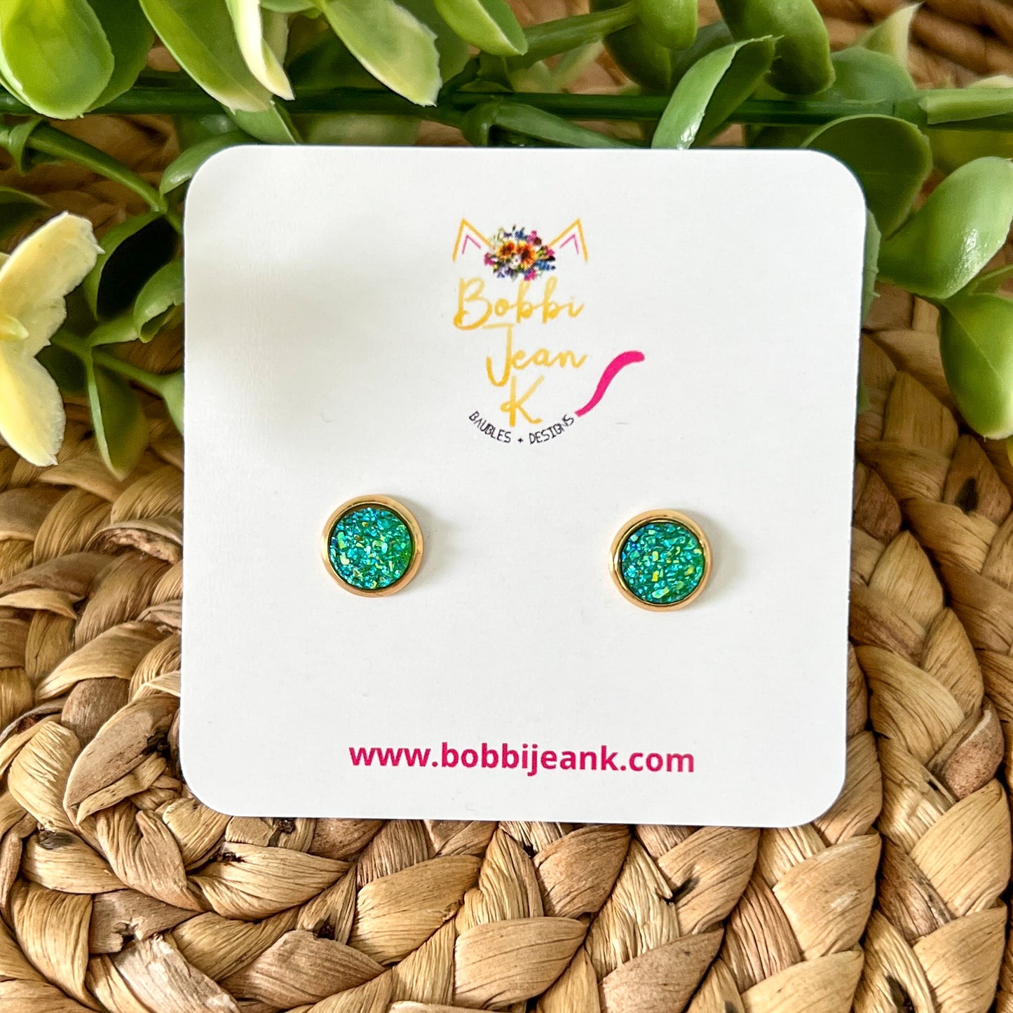 Green Faux Druzy Studs 8mm: Choose Silver or Gold Settings - LOW STOCK