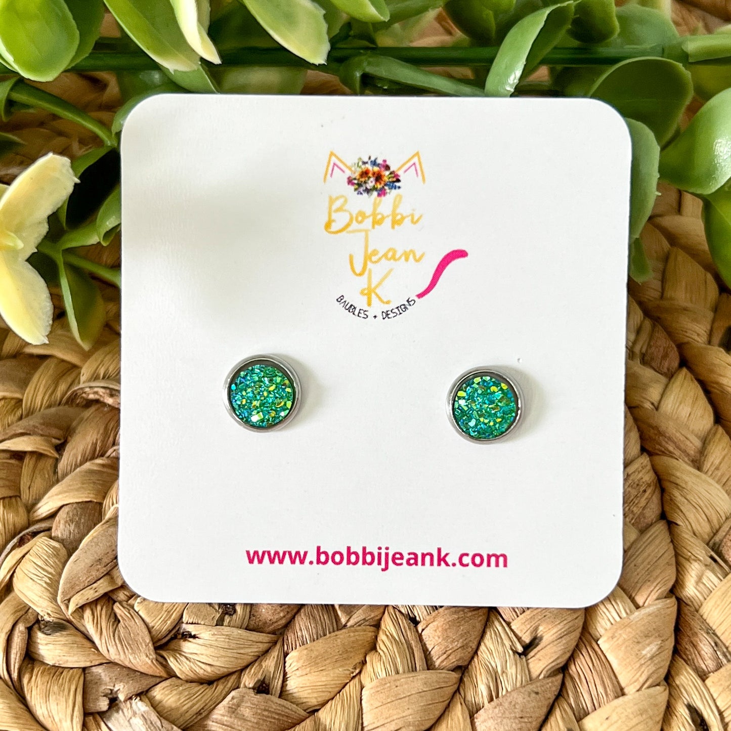 Green Faux Druzy Studs 8mm: Choose Silver or Gold Settings - LOW STOCK