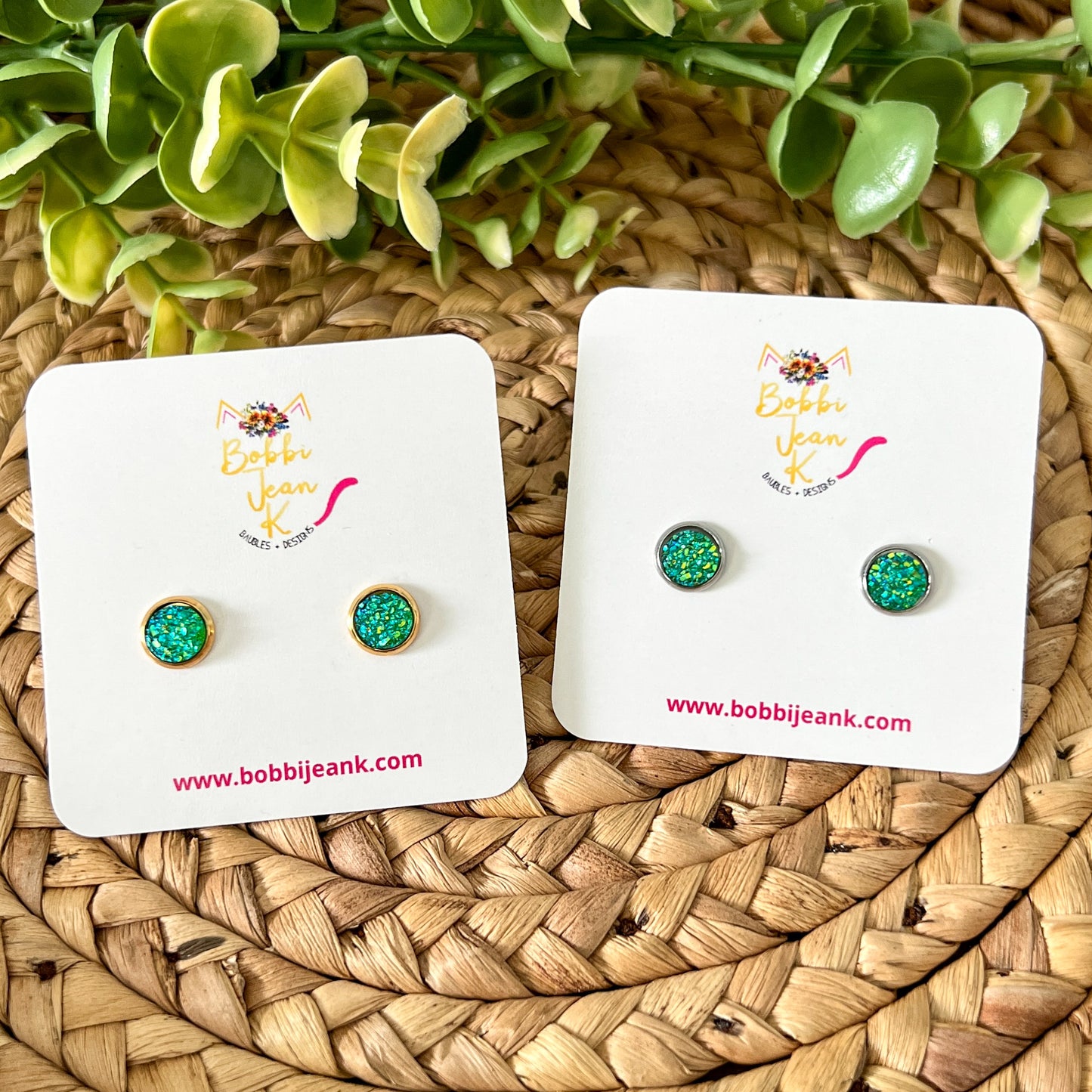 Green Faux Druzy Studs 8mm: Choose Silver or Gold Settings - LOW STOCK