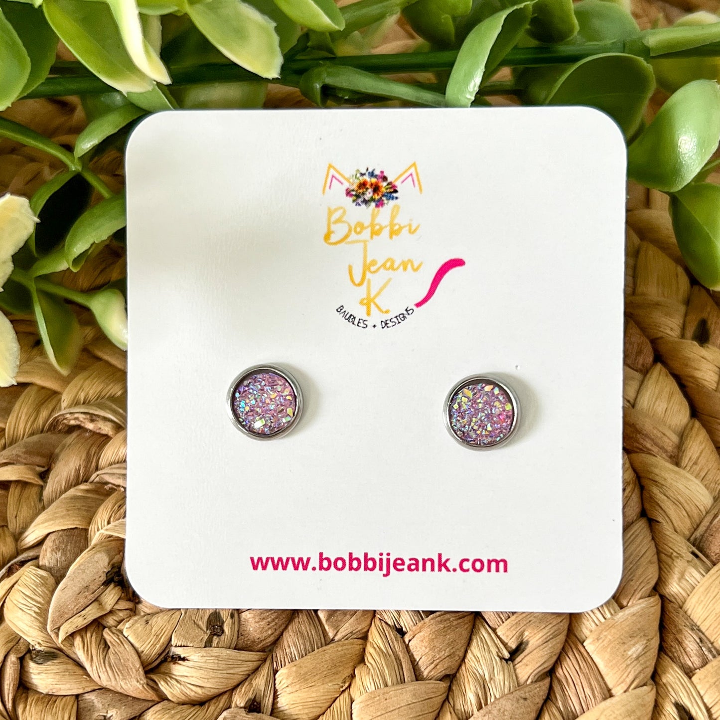 Pink Lemonade Faux Druzy Studs 8mm: Choose Silver or Gold Settings - LOW STOCK