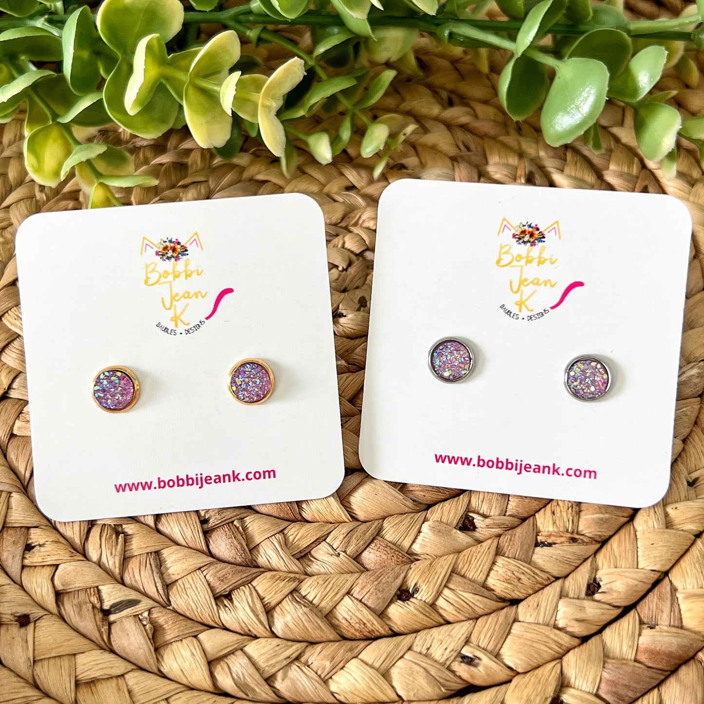 Pink Lemonade Faux Druzy Studs 8mm: Choose Silver or Gold Settings - LOW STOCK