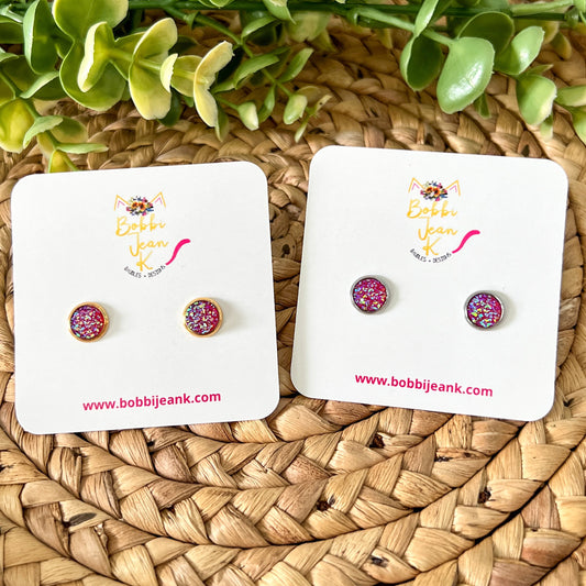 SALE: Hot Pink Faux Druzy Studs 8mm: Choose Silver or Gold Settings - LOW STOCK