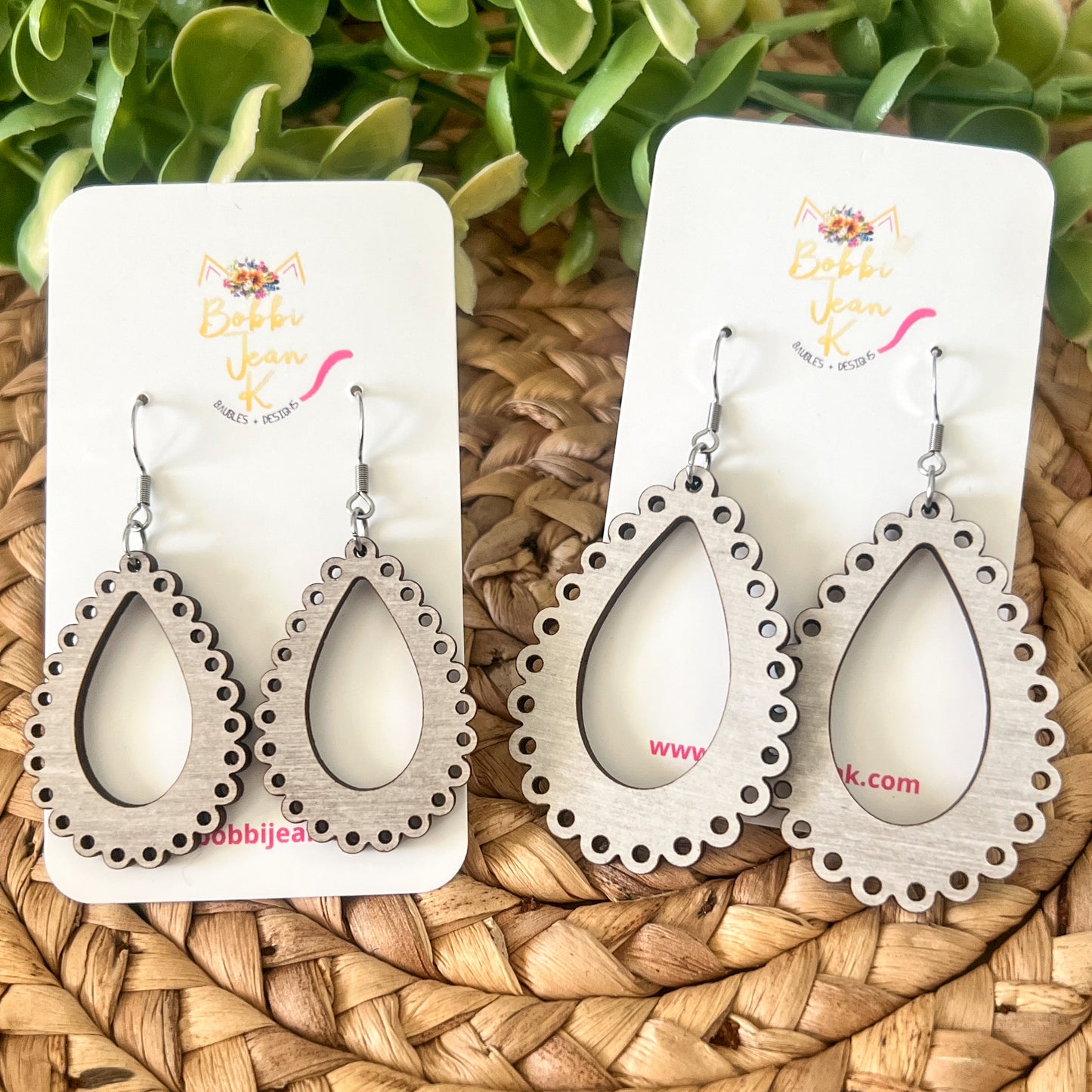"Lace" Gray Dyed Wood Teardrop Earrings