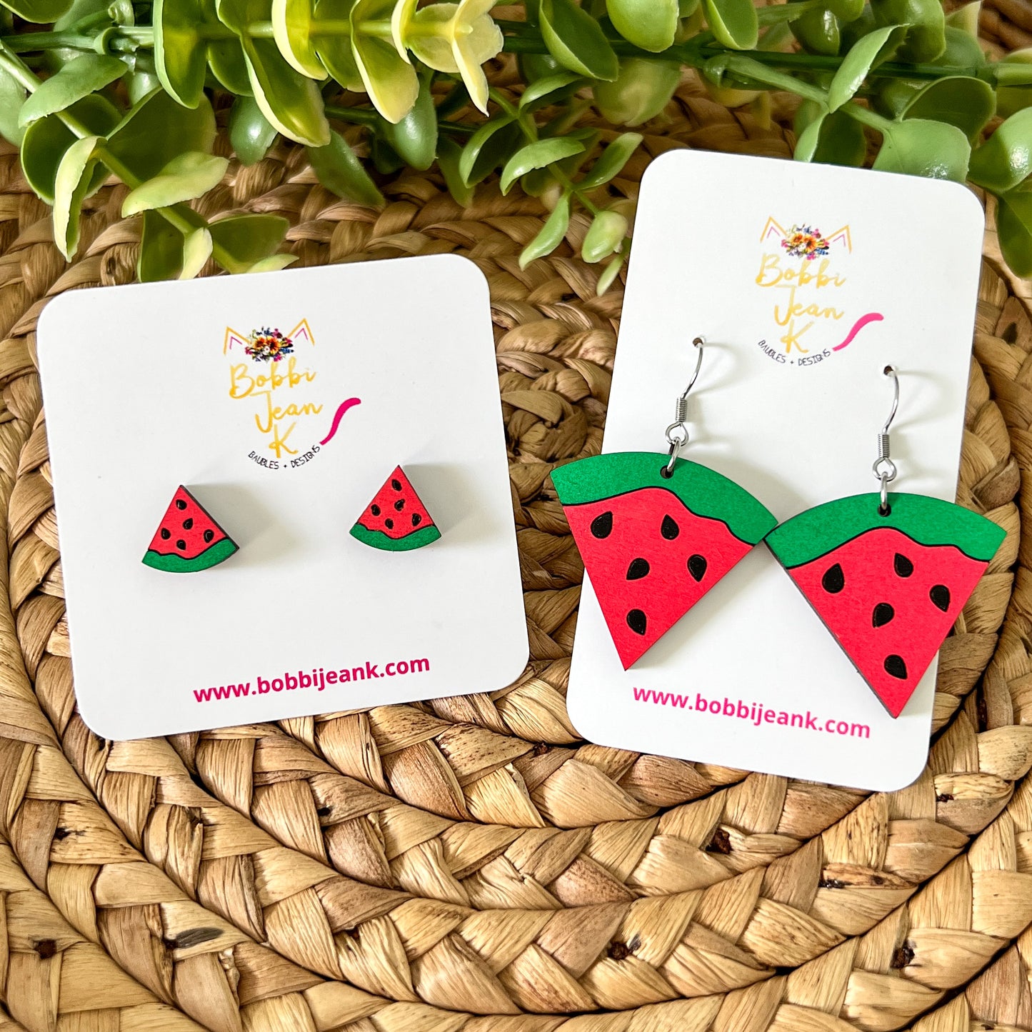 Hand Painted Watermelon Wood Earrings: Choose From Dangle or Stud