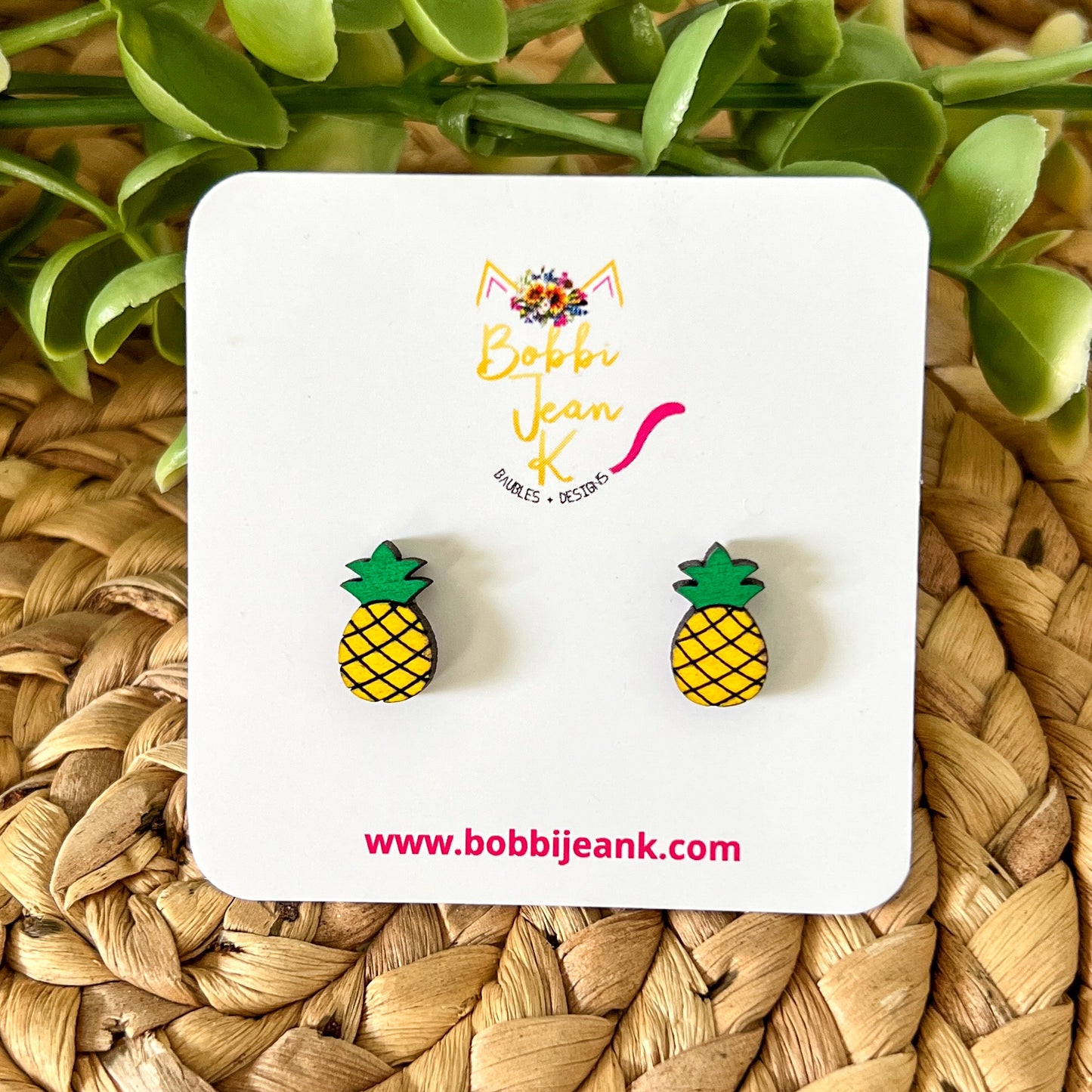 Hand Painted Pineapple Wood Earrings: Choose From Dangle or Stud
