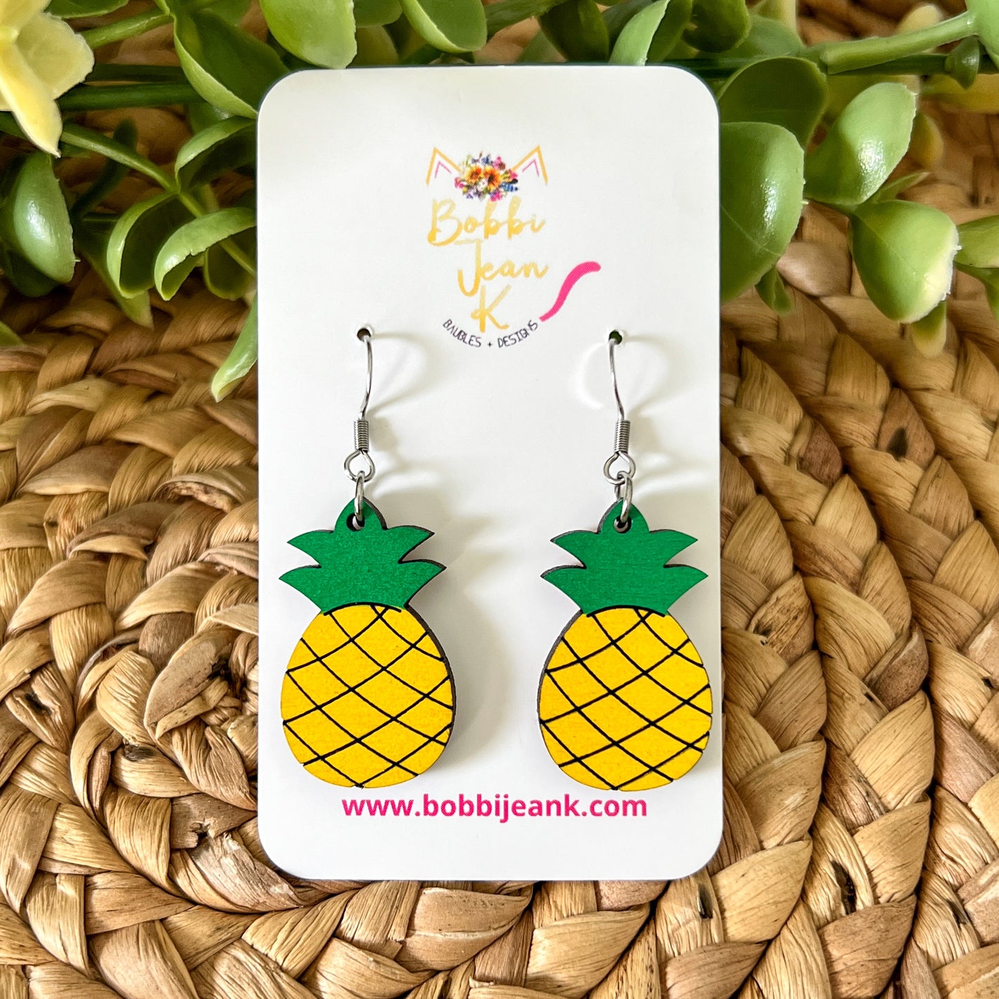 Hand Painted Pineapple Wood Earrings: Choose From Dangle or Stud