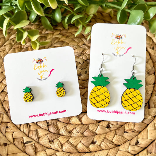 Hand Painted Pineapple Wood Earrings: Choose From Dangle or Stud