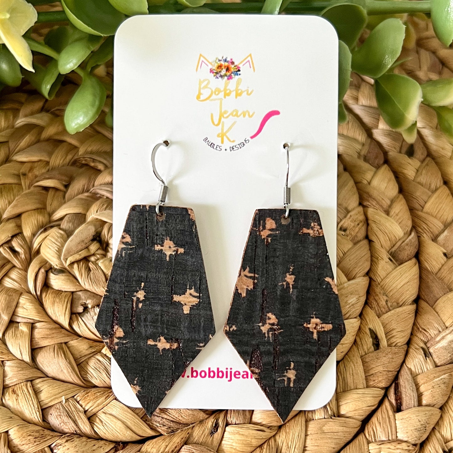 SALE: Dark Navy Splash Cork on Leather Pointed Pentagon Earrings: Choose From 2 Sizes - LAST CHANCE