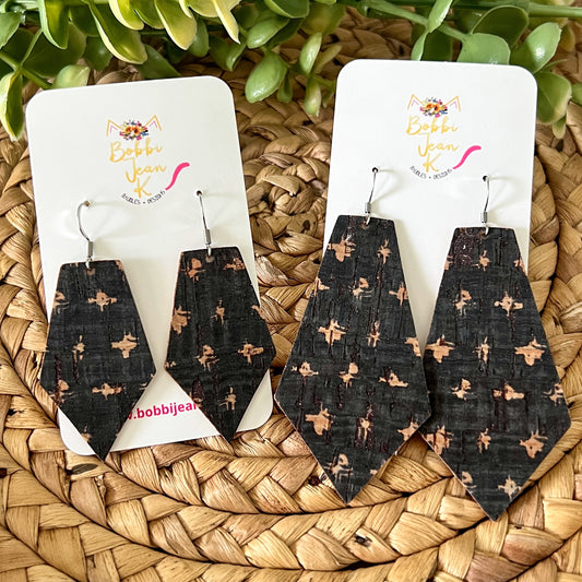 SALE: Dark Navy Splash Cork on Leather Pointed Pentagon Earrings: Choose From 2 Sizes - LAST CHANCE
