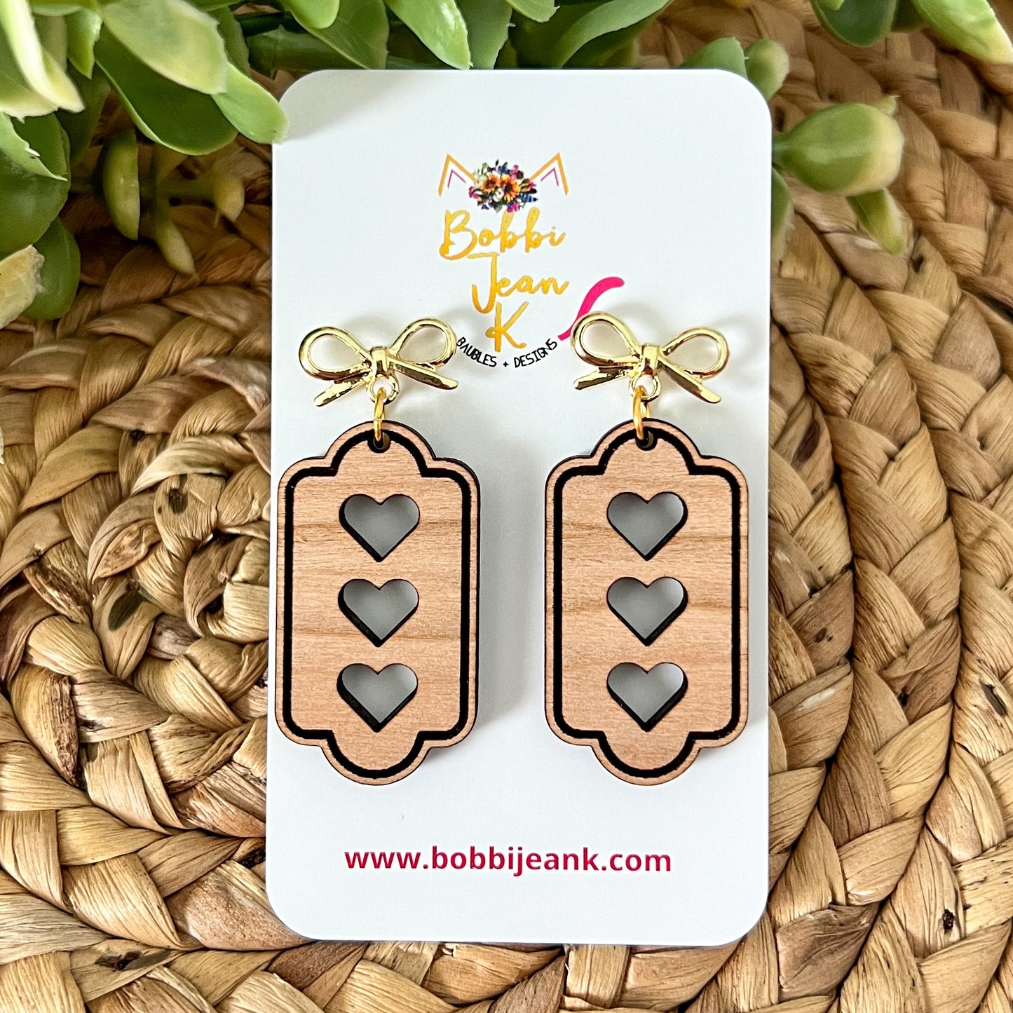 Triple Heart Wood Frame Earrings: Choose From 3 Stud Options