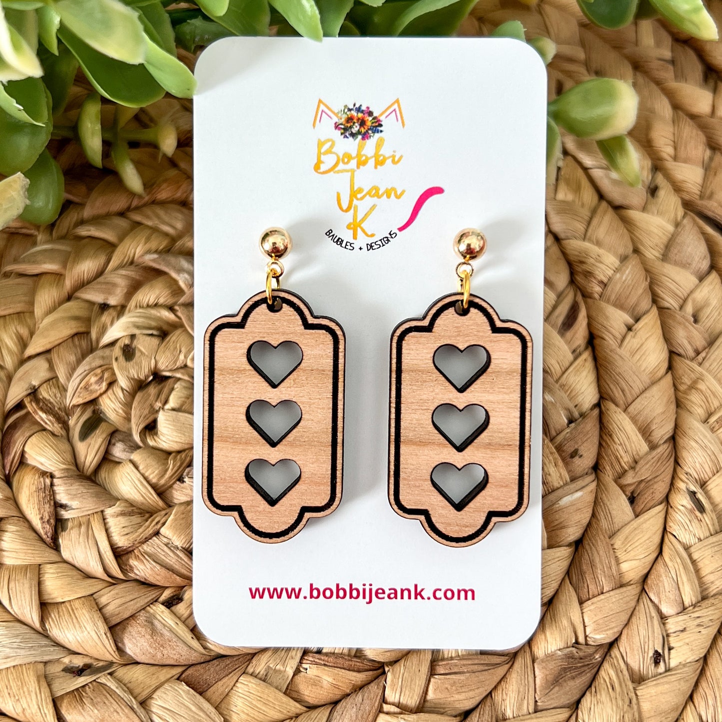 Triple Heart Wood Frame Earrings: Choose From 3 Stud Options