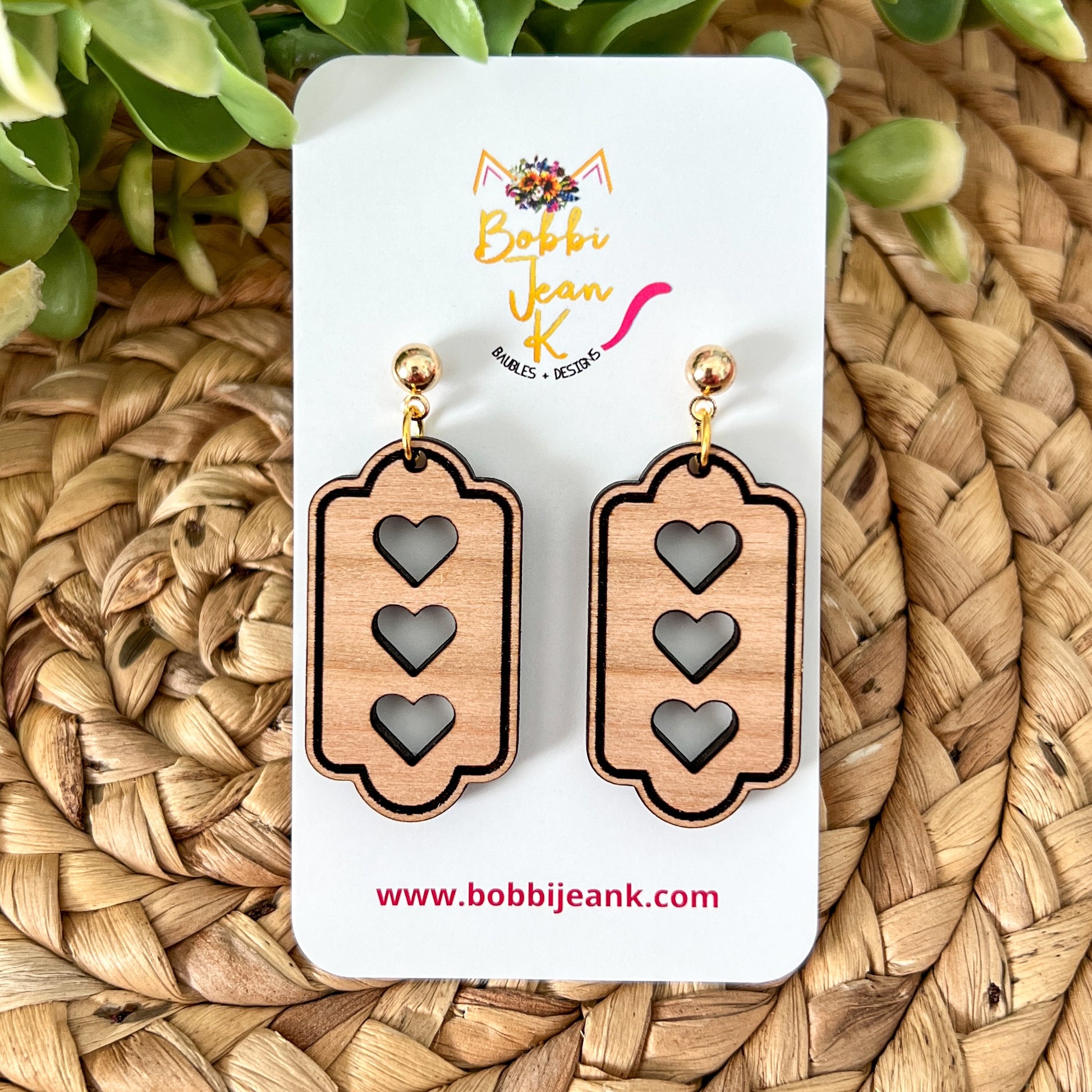 Triple Heart Wood Frame Earrings: Choose From 3 Stud Options