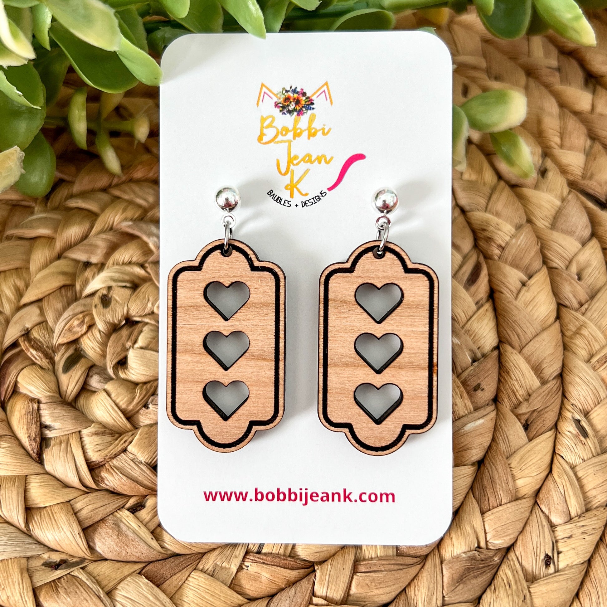 Triple Heart Wood Frame Earrings: Choose From 3 Stud Options