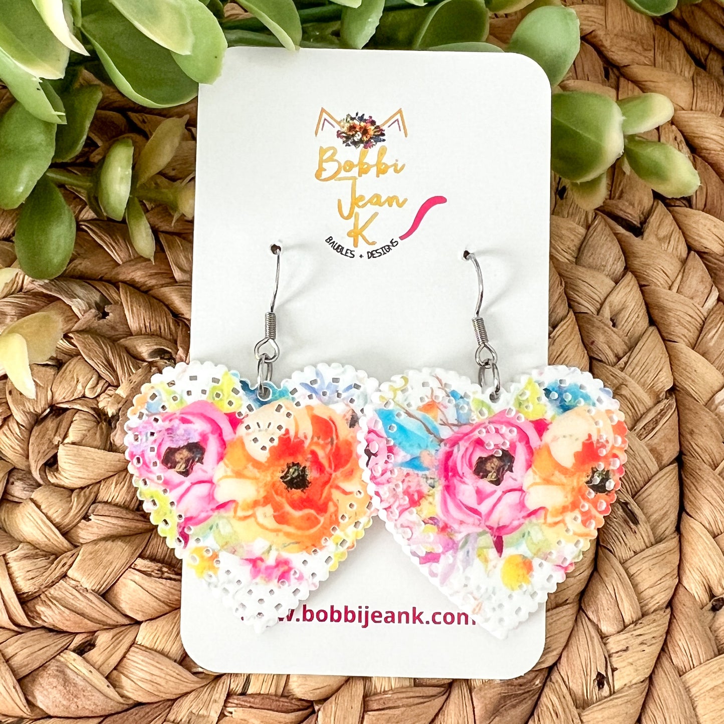 Bright Roses Acrylic Heart Earrings: Choose From 2 Sizes - LAST CHANCE