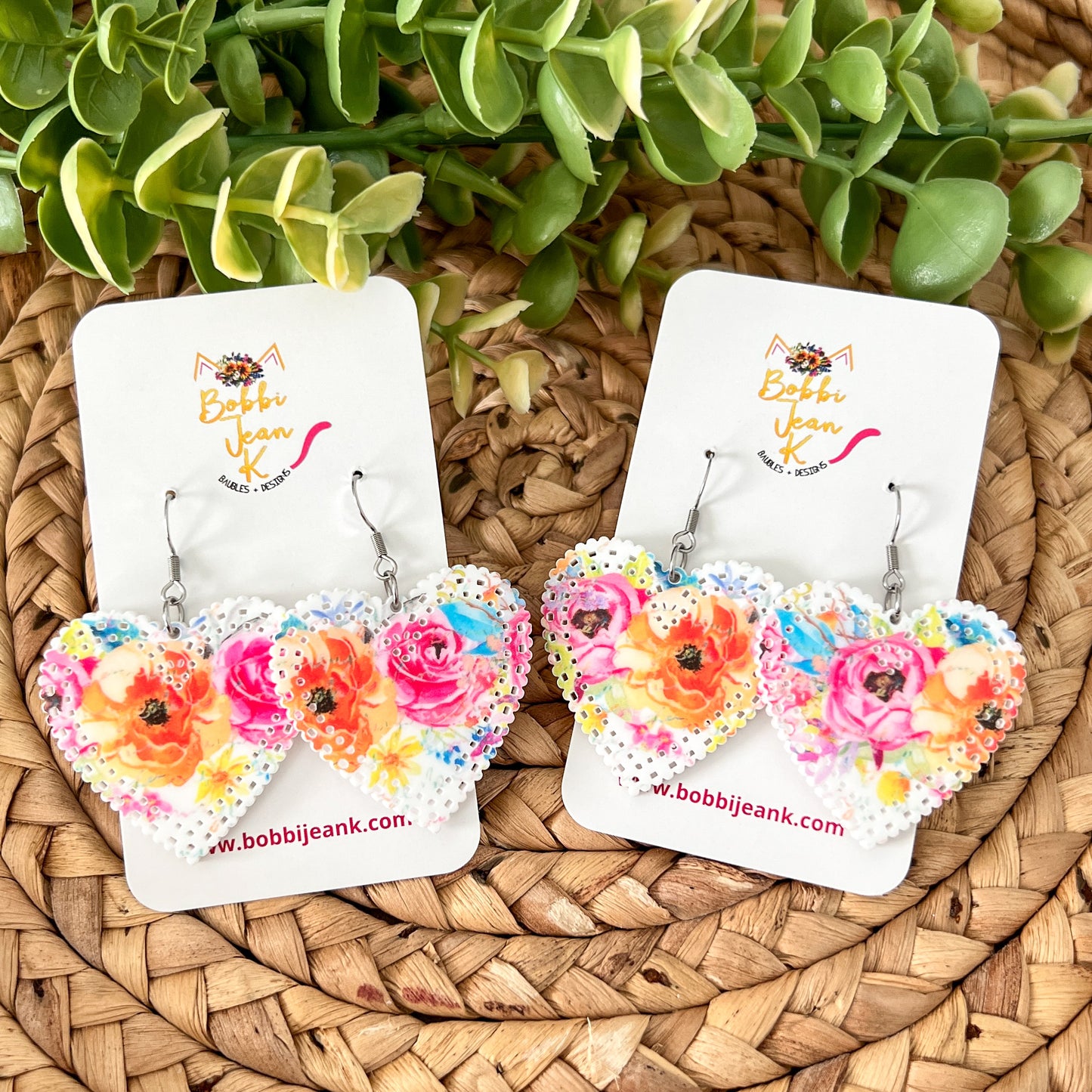 Bright Roses Acrylic Heart Earrings: Choose From 2 Sizes - LAST CHANCE