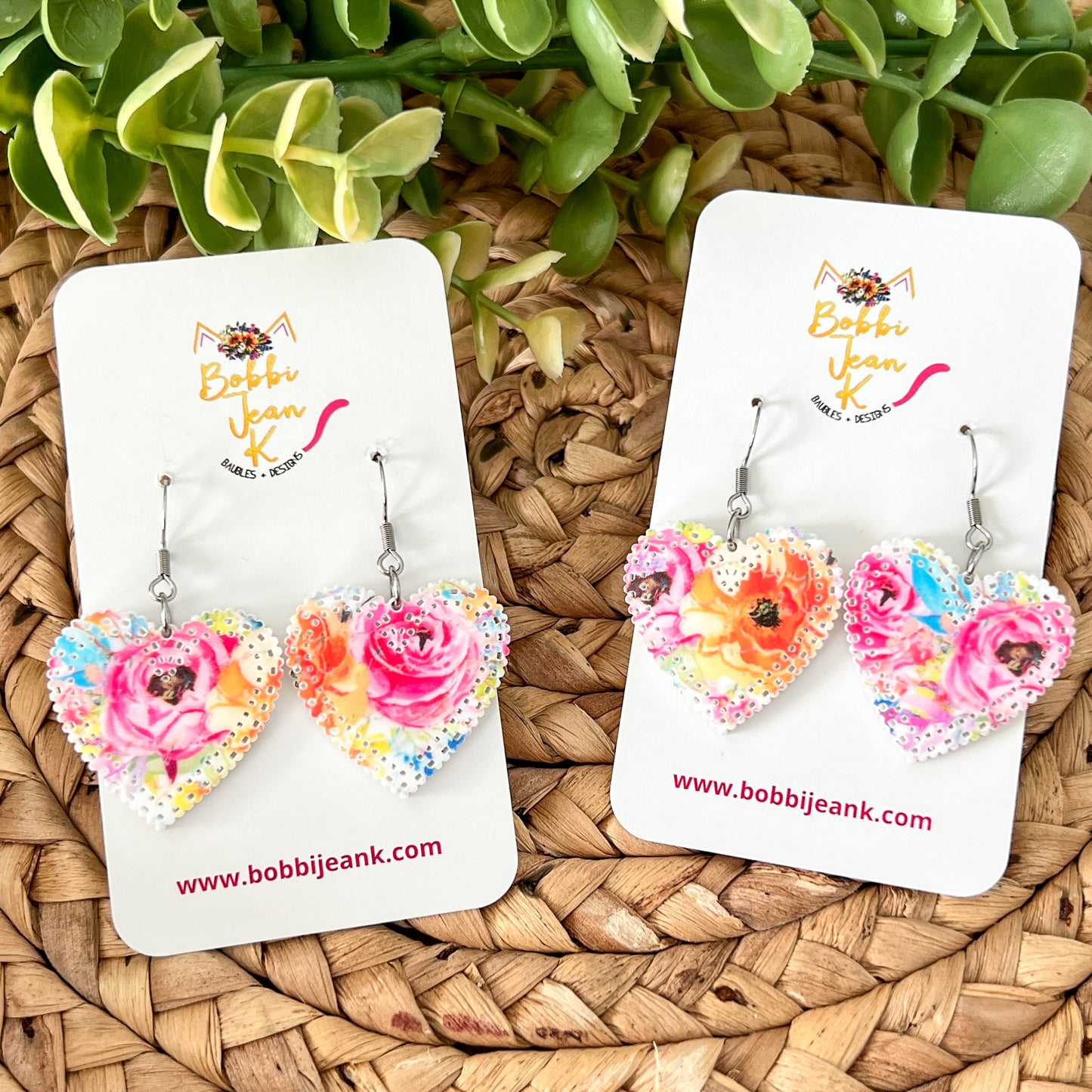 Bright Roses Acrylic Heart Earrings: Choose From 2 Sizes - LAST CHANCE