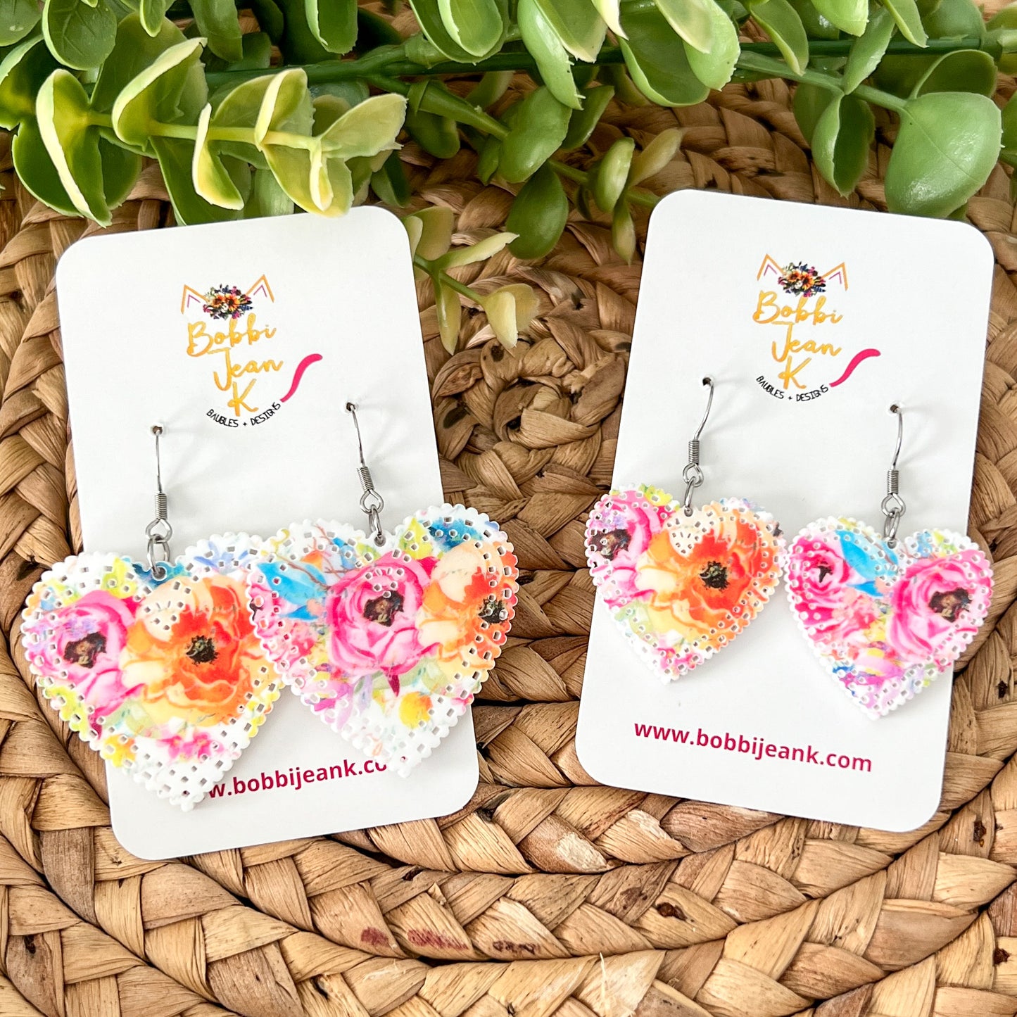 Bright Roses Acrylic Heart Earrings: Choose From 2 Sizes - LAST CHANCE