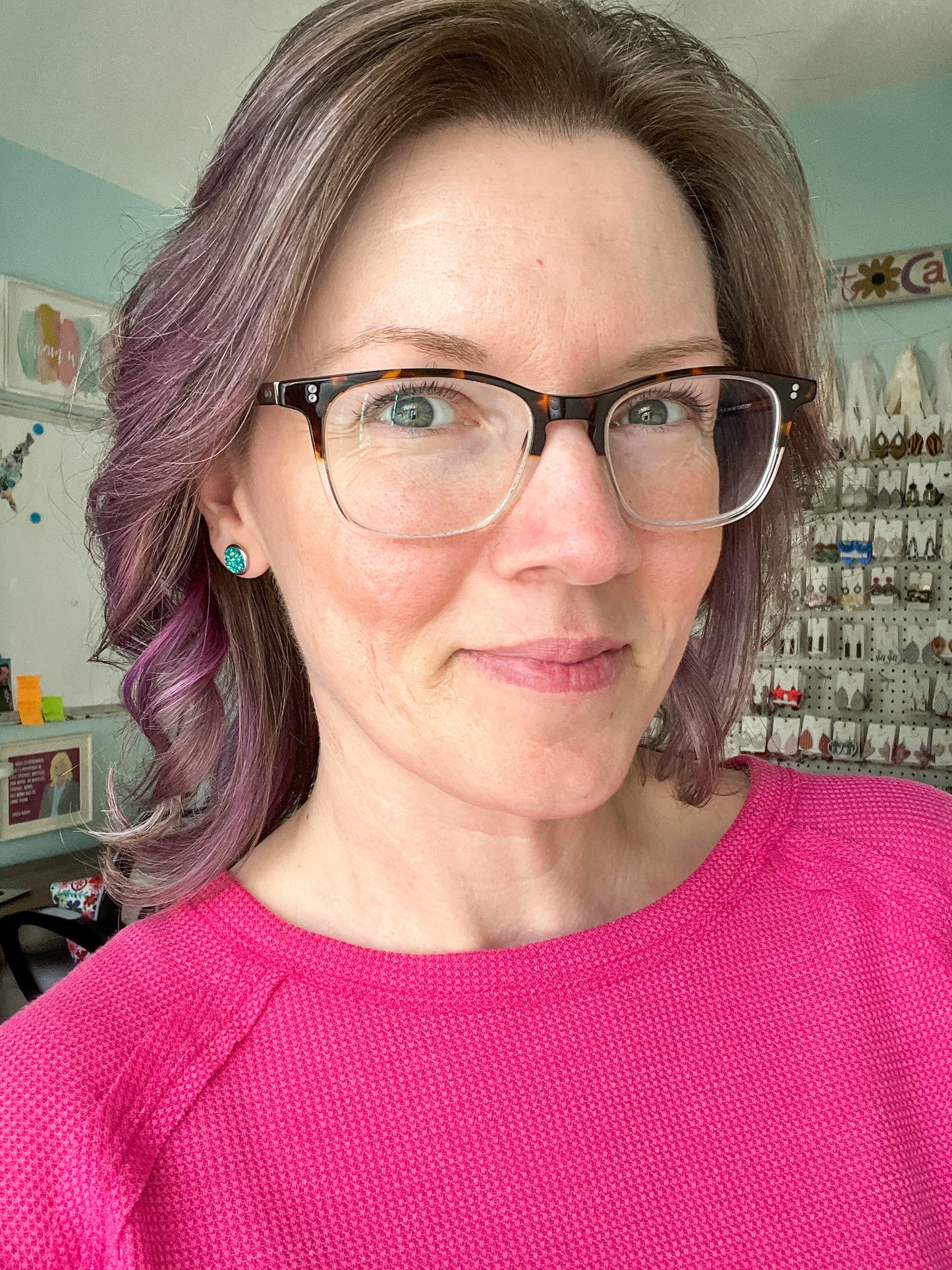 Hot Pink Frosted Sparkle Faux Druzy Studs 8mm: Choose Silver or Gold Settings - LOW STOCK