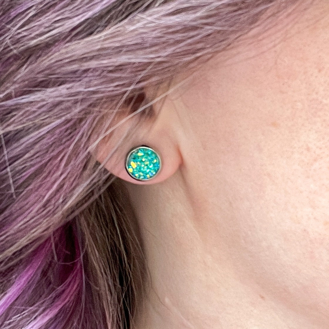 Aqua Frosted Sparkle Faux Druzy Studs 8mm: Choose Silver or Gold Settings - LOW STOCK