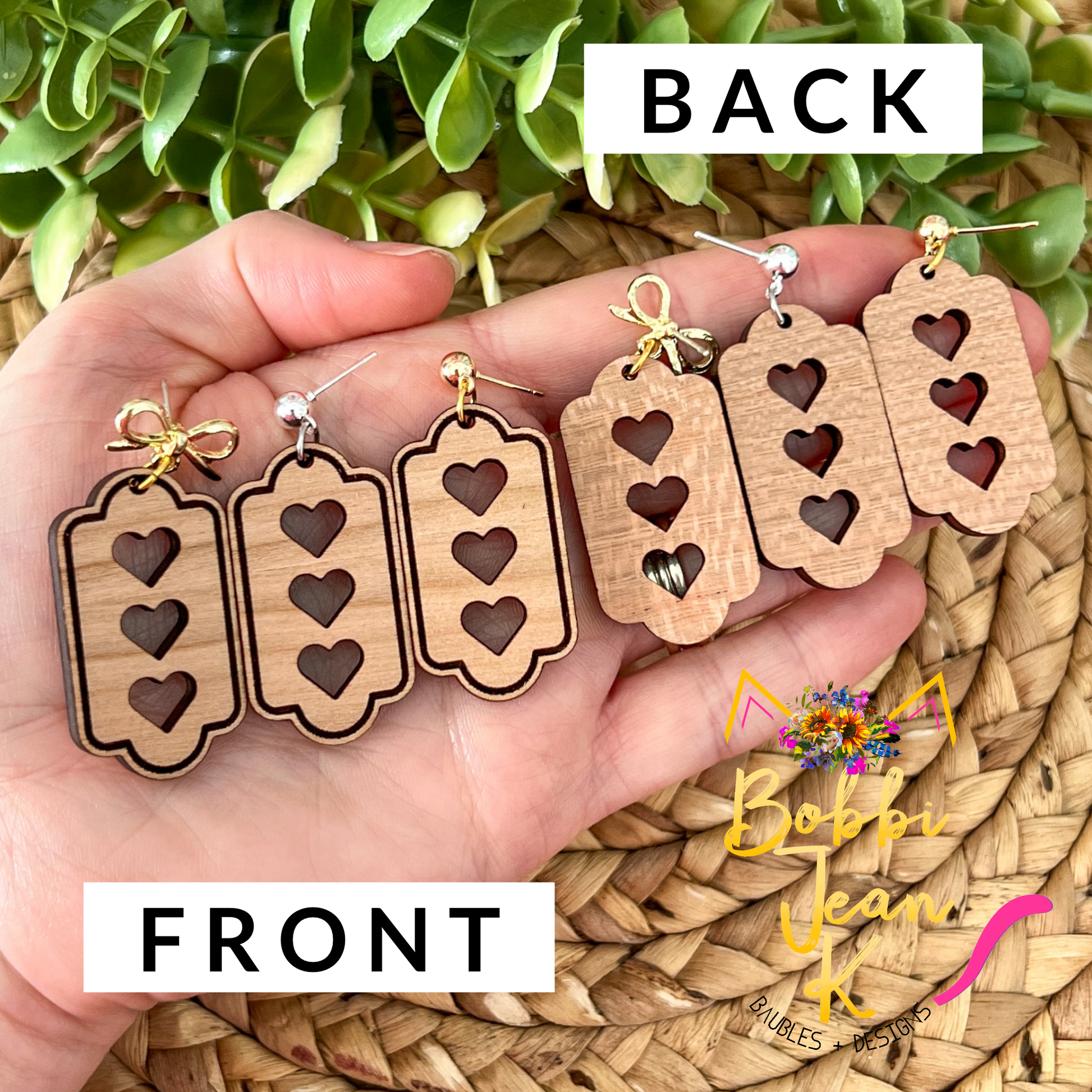 Triple Heart Wood Frame Earrings: Choose From 3 Stud Options