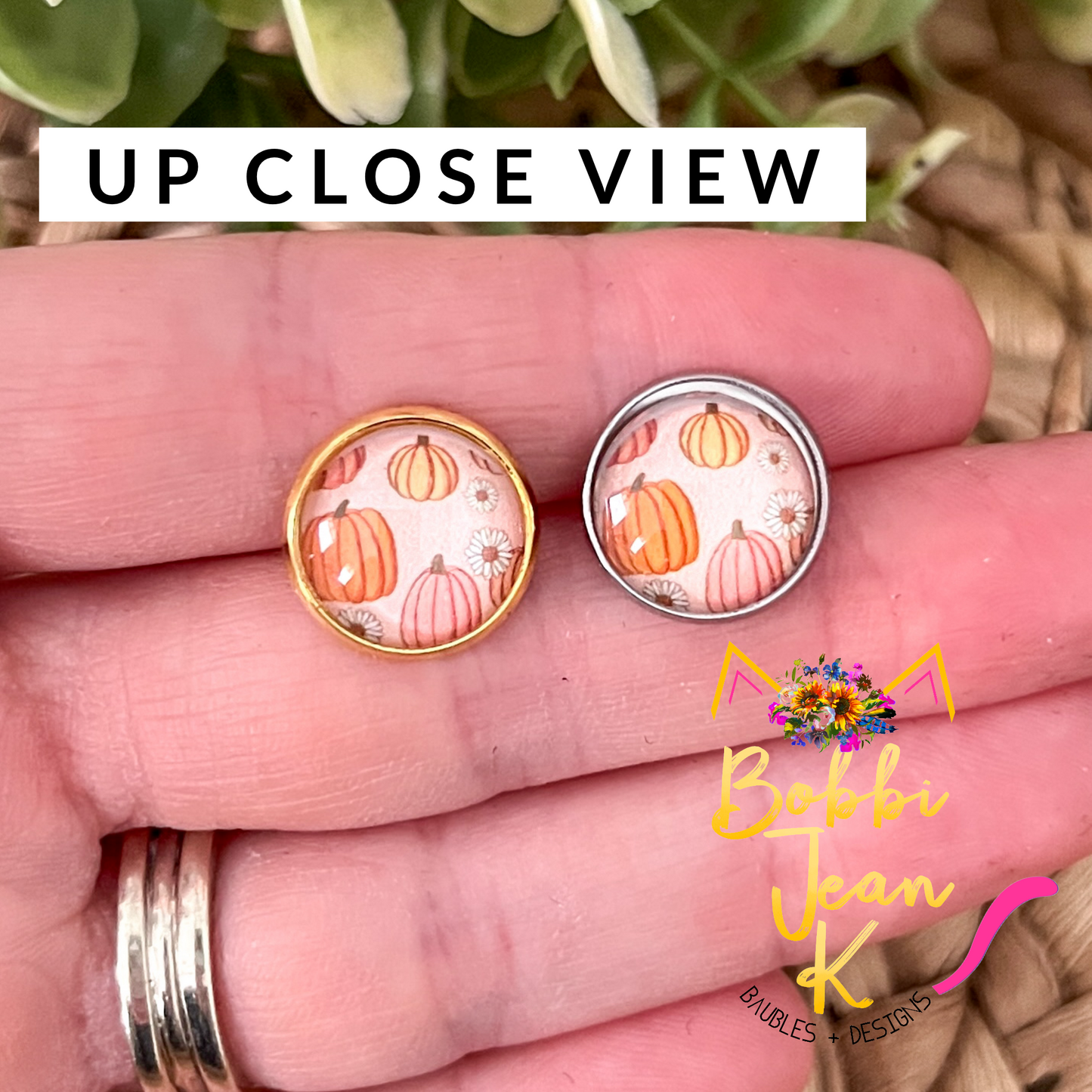 SALE: Boho Pumpkin Glass Studs 12mm: Choose Silver or Gold Settings - LAST CHANCE