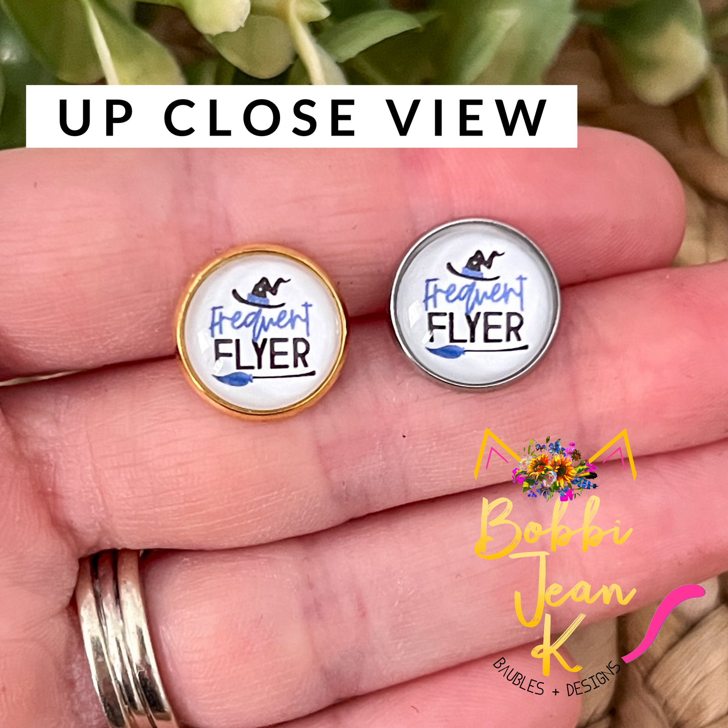 SALE: Frequent Flyer Glass Studs 12mm: Choose Silver or Gold Settings - ONLY 2 LEFT