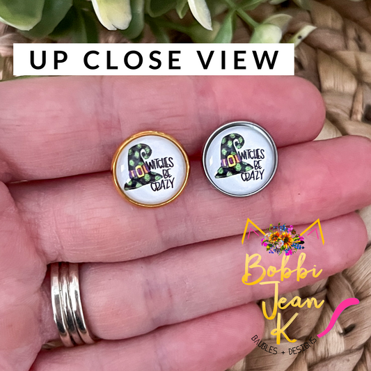 SALE: Witches Be Crazy Glass Studs 12mm: Choose Silver or Gold Settings - LAST CHANCE