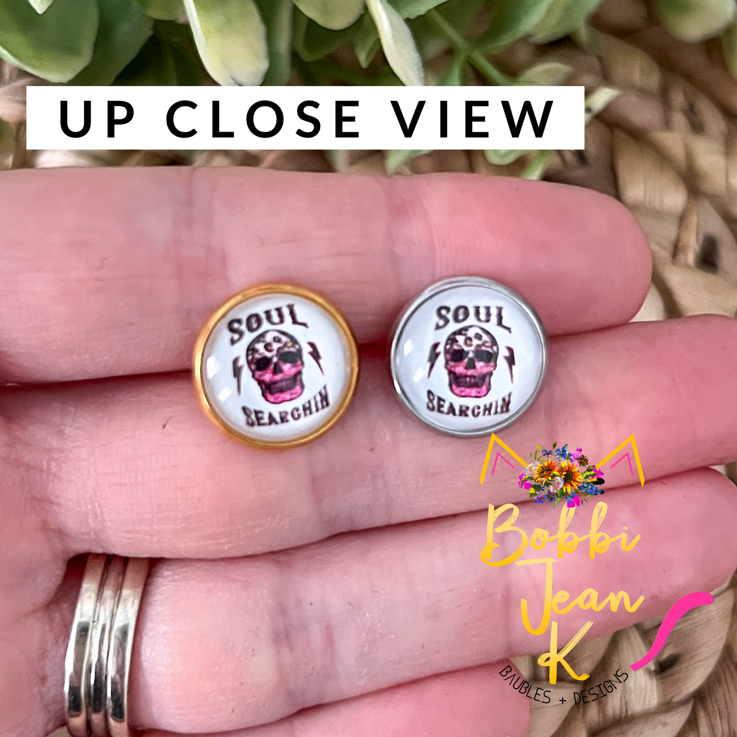 SALE: Soul Searchin' Skull Glass Studs 12mm: Choose Silver or Gold Settings - LAST CHANCE