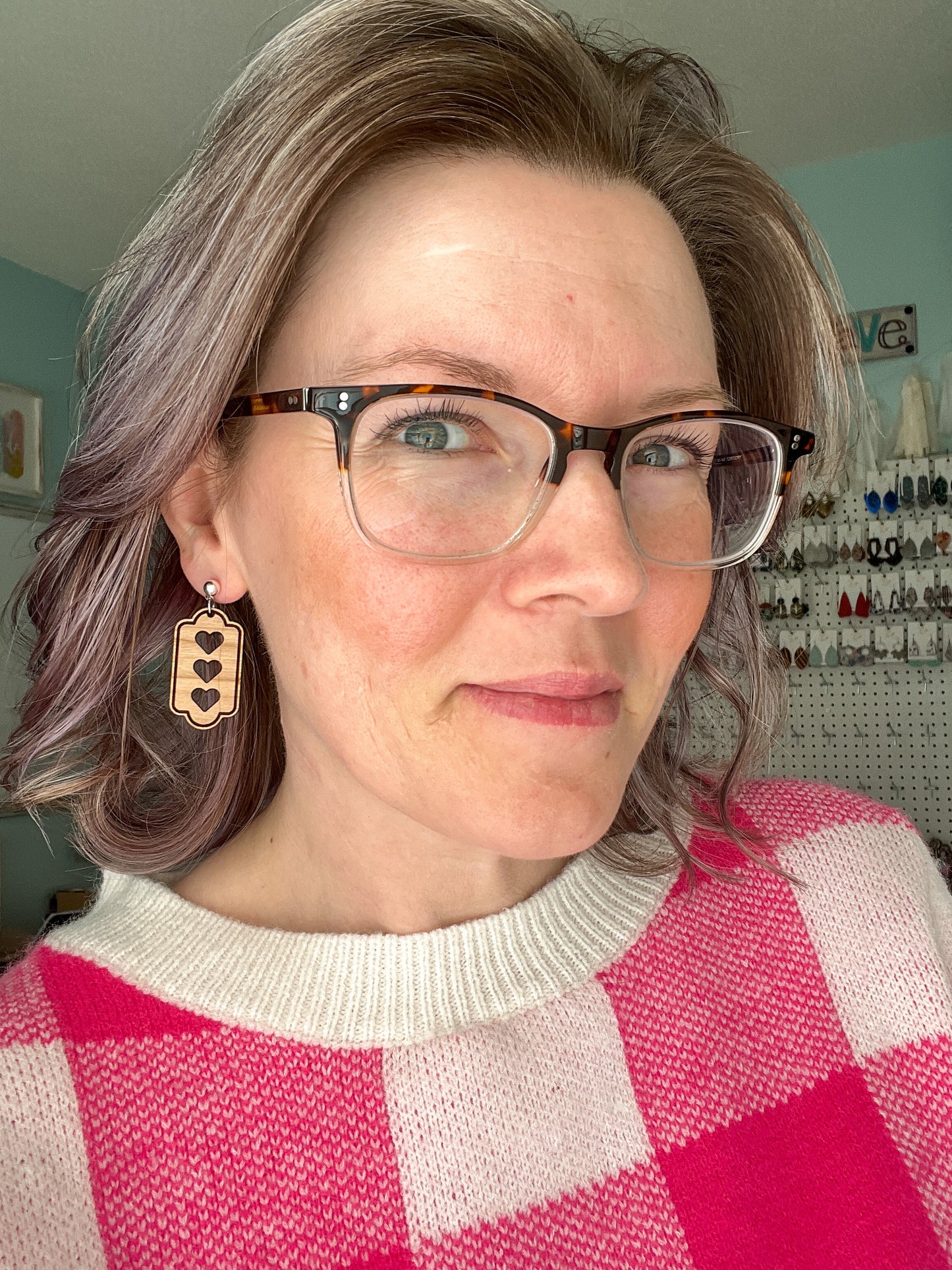 Triple Heart Wood Frame Earrings: Choose From 3 Stud Options